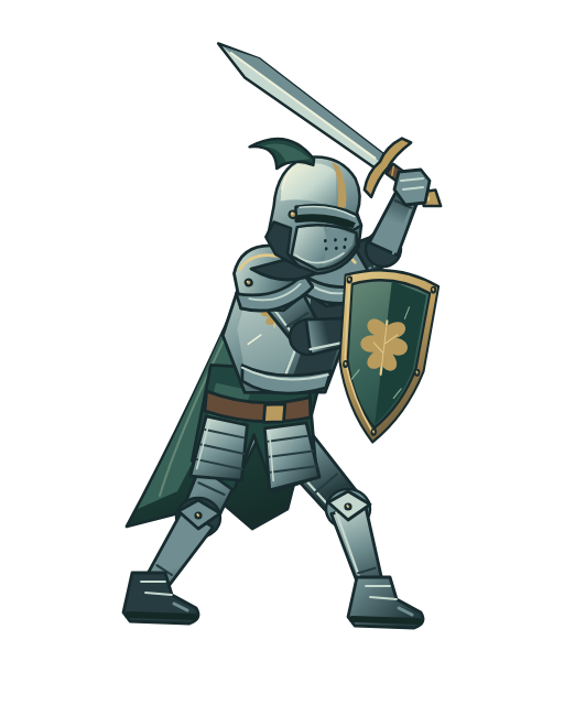 Procedurally drawn knight in green and steel armour holding a raised sword and shield
