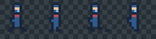 Four magnified frames of a crisp blue pixel-art sentinel walk cycle